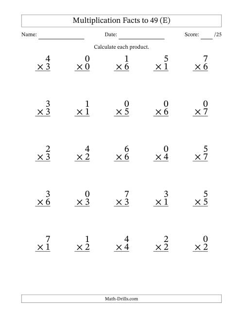 The Multiplication Facts to 49 (25 Questions) (With Zeros) (E) Math Worksheet