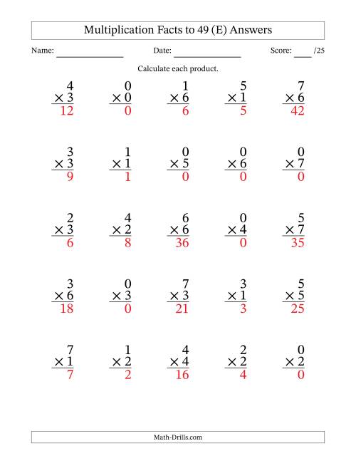 The Multiplication Facts to 49 (25 Questions) (With Zeros) (E) Math Worksheet Page 2
