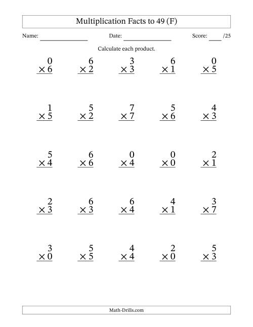 The Multiplication Facts to 49 (25 Questions) (With Zeros) (F) Math Worksheet