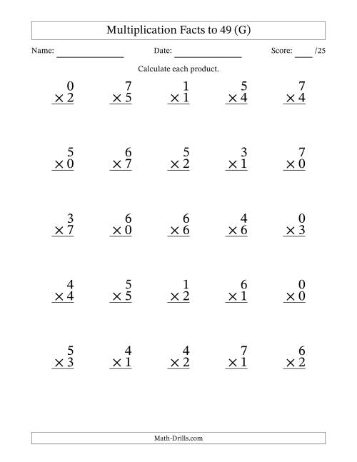 The Multiplication Facts to 49 (25 Questions) (With Zeros) (G) Math Worksheet