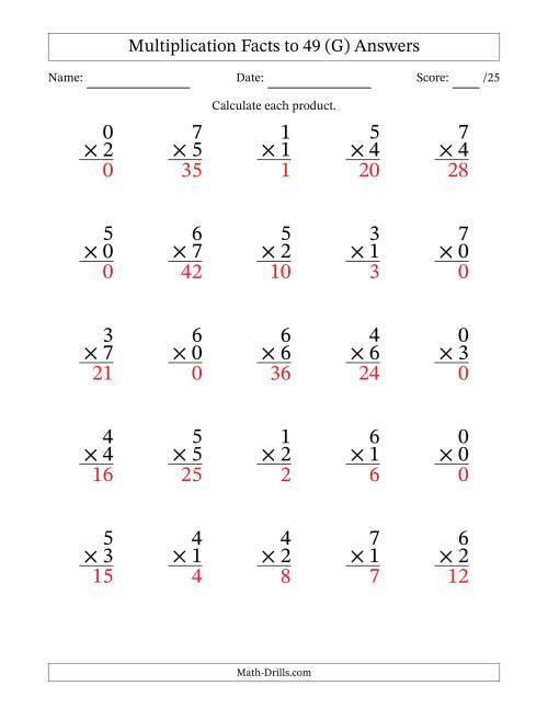 The Multiplication Facts to 49 (25 Questions) (With Zeros) (G) Math Worksheet Page 2