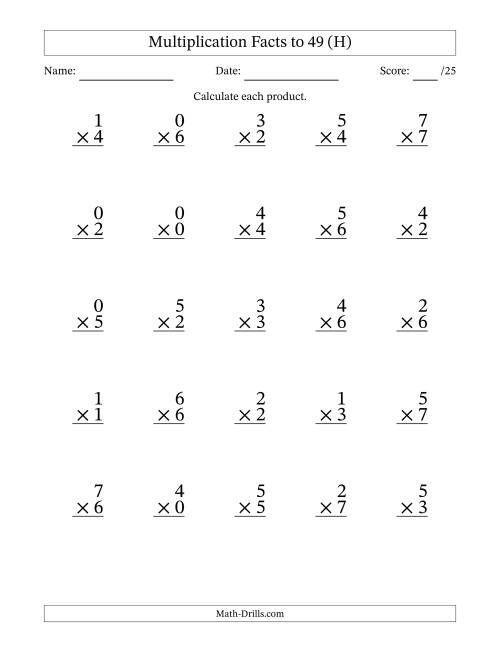 The Multiplication Facts to 49 (25 Questions) (With Zeros) (H) Math Worksheet