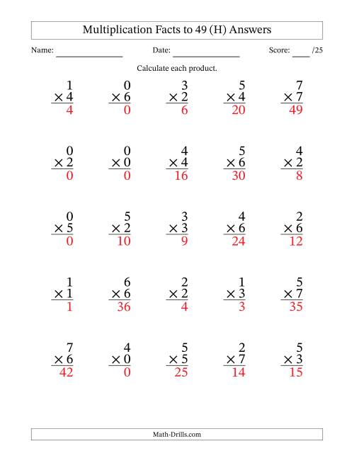 The Multiplication Facts to 49 (25 Questions) (With Zeros) (H) Math Worksheet Page 2