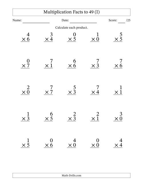 The Multiplication Facts to 49 (25 Questions) (With Zeros) (I) Math Worksheet