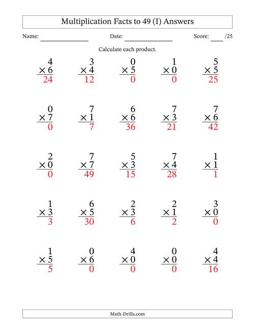 The Multiplication Facts to 49 (25 Questions) (With Zeros) (I) Math Worksheet Page 2