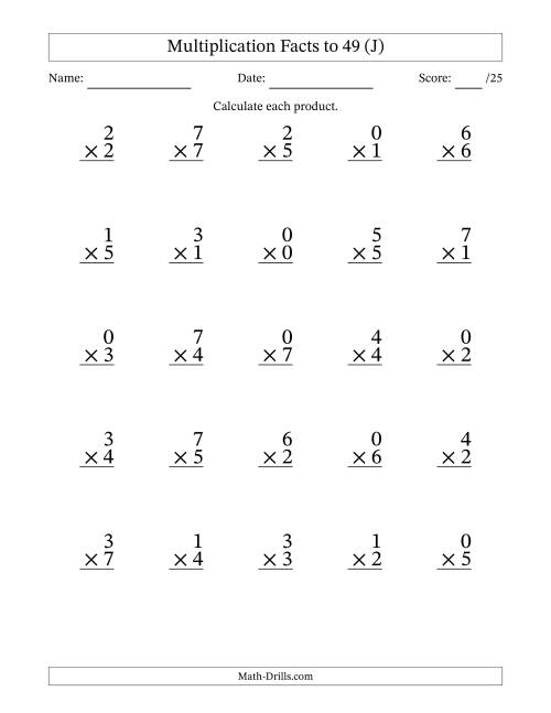 The Multiplication Facts to 49 (25 Questions) (With Zeros) (J) Math Worksheet