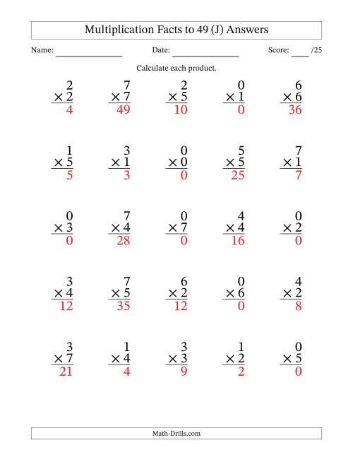 The Multiplication Facts to 49 (25 Questions) (With Zeros) (J) Math Worksheet Page 2