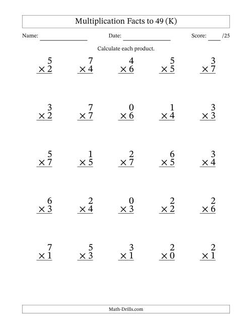 The Multiplication Facts to 49 (25 Questions) (With Zeros) (K) Math Worksheet