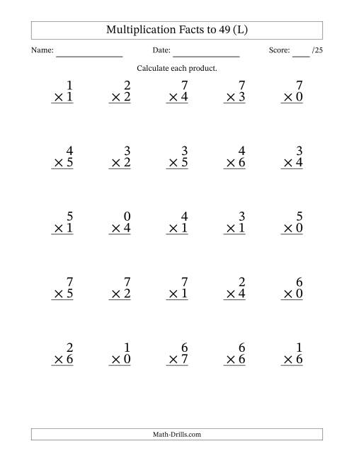 The Multiplication Facts to 49 (25 Questions) (With Zeros) (L) Math Worksheet