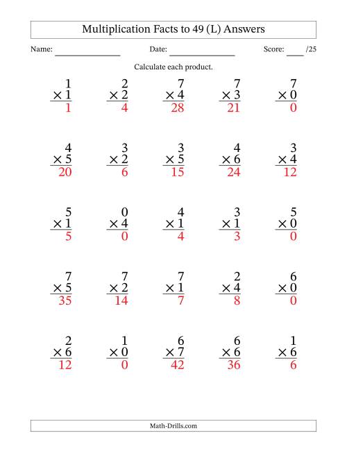 The Multiplication Facts to 49 (25 Questions) (With Zeros) (L) Math Worksheet Page 2