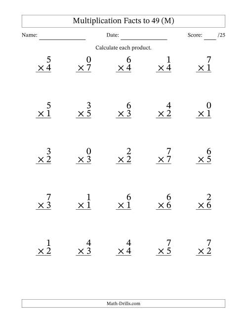 The Multiplication Facts to 49 (25 Questions) (With Zeros) (M) Math Worksheet