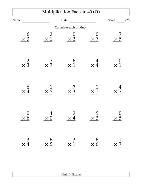 The Multiplication Facts to 49 (25 Questions) (With Zeros) (O) Math Worksheet