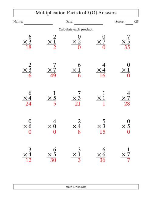 The Multiplication Facts to 49 (25 Questions) (With Zeros) (O) Math Worksheet Page 2