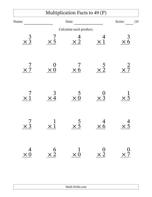 The Multiplication Facts to 49 (25 Questions) (With Zeros) (P) Math Worksheet