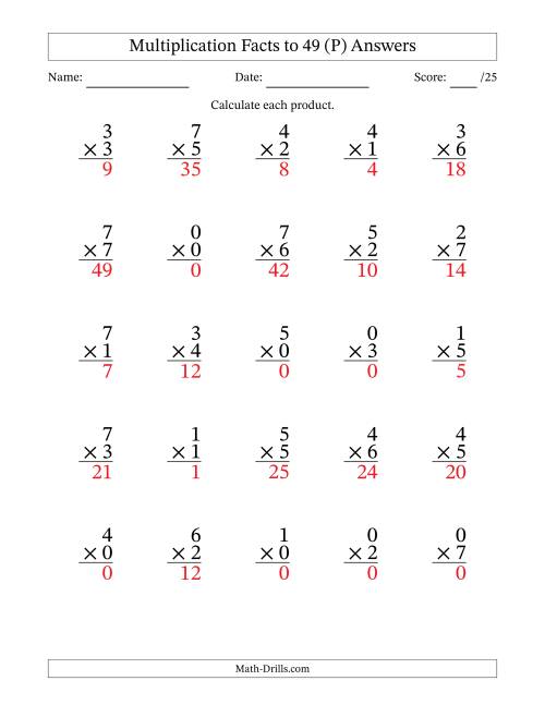 The Multiplication Facts to 49 (25 Questions) (With Zeros) (P) Math Worksheet Page 2