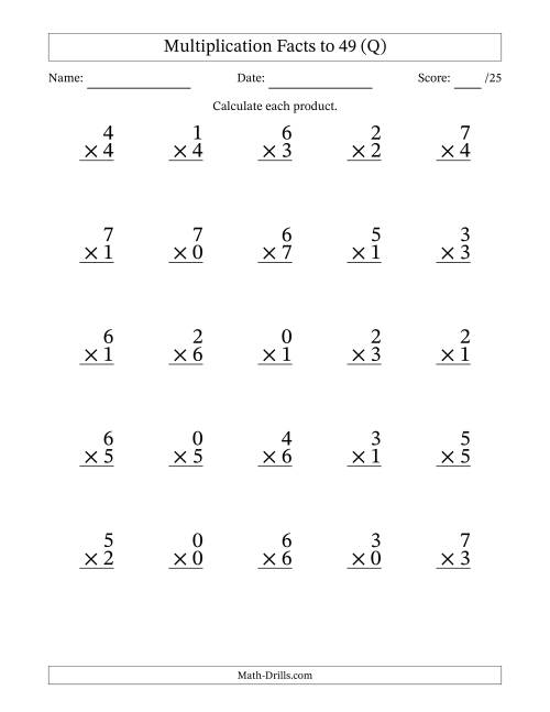 The Multiplication Facts to 49 (25 Questions) (With Zeros) (Q) Math Worksheet