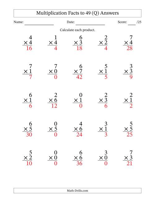 The Multiplication Facts to 49 (25 Questions) (With Zeros) (Q) Math Worksheet Page 2