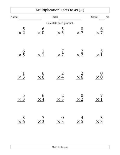 The Multiplication Facts to 49 (25 Questions) (With Zeros) (R) Math Worksheet