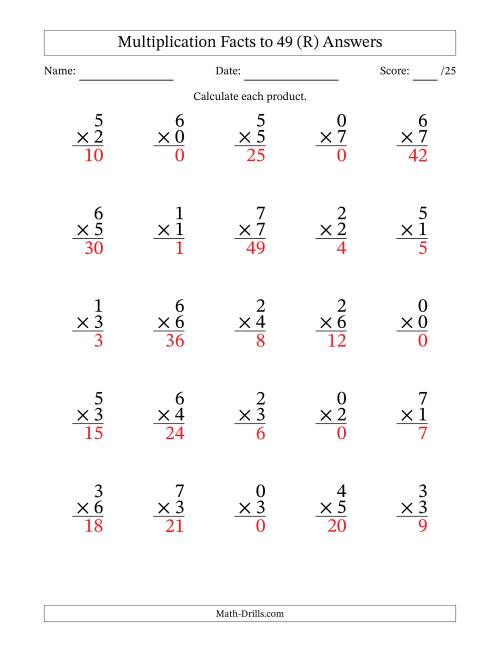 The Multiplication Facts to 49 (25 Questions) (With Zeros) (R) Math Worksheet Page 2