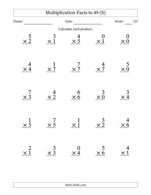 The Multiplication Facts to 49 (25 Questions) (With Zeros) (S) Math Worksheet