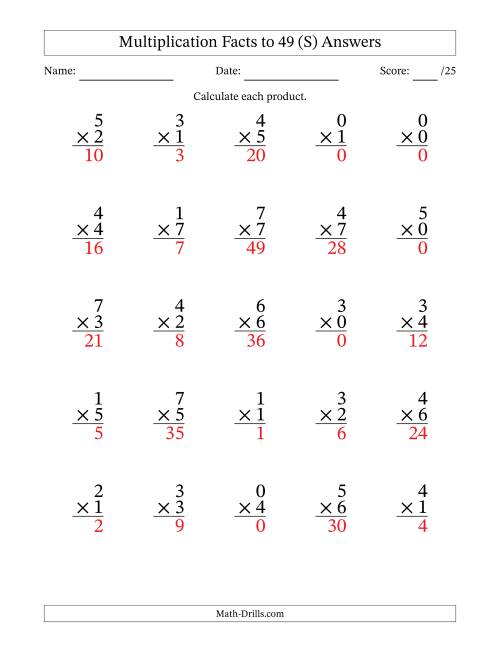 The Multiplication Facts to 49 (25 Questions) (With Zeros) (S) Math Worksheet Page 2