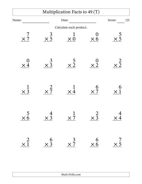 The Multiplication Facts to 49 (25 Questions) (With Zeros) (T) Math Worksheet