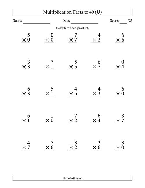 The Multiplication Facts to 49 (25 Questions) (With Zeros) (U) Math Worksheet