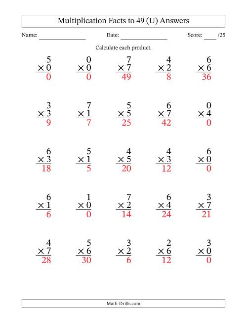 The Multiplication Facts to 49 (25 Questions) (With Zeros) (U) Math Worksheet Page 2