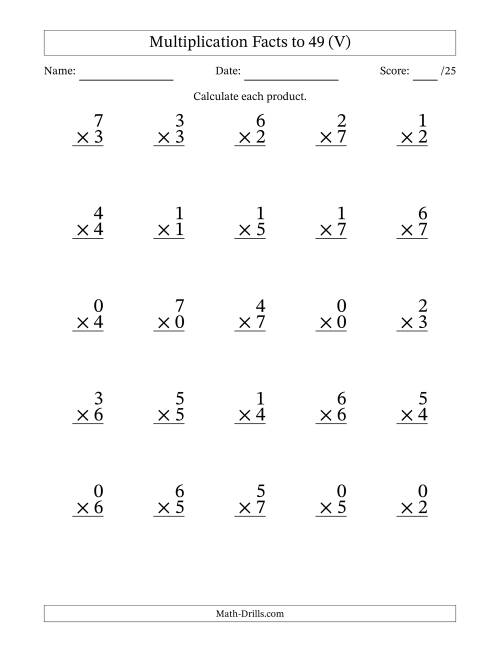 The Multiplication Facts to 49 (25 Questions) (With Zeros) (V) Math Worksheet