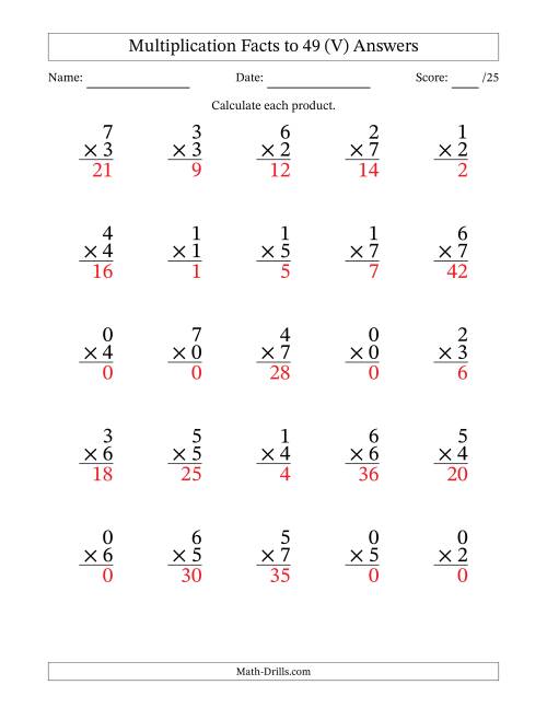 The Multiplication Facts to 49 (25 Questions) (With Zeros) (V) Math Worksheet Page 2
