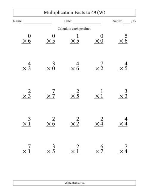The Multiplication Facts to 49 (25 Questions) (With Zeros) (W) Math Worksheet