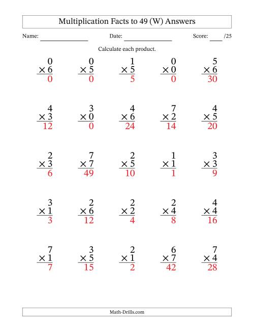 The Multiplication Facts to 49 (25 Questions) (With Zeros) (W) Math Worksheet Page 2