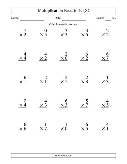 The Multiplication Facts to 49 (25 Questions) (With Zeros) (X) Math Worksheet