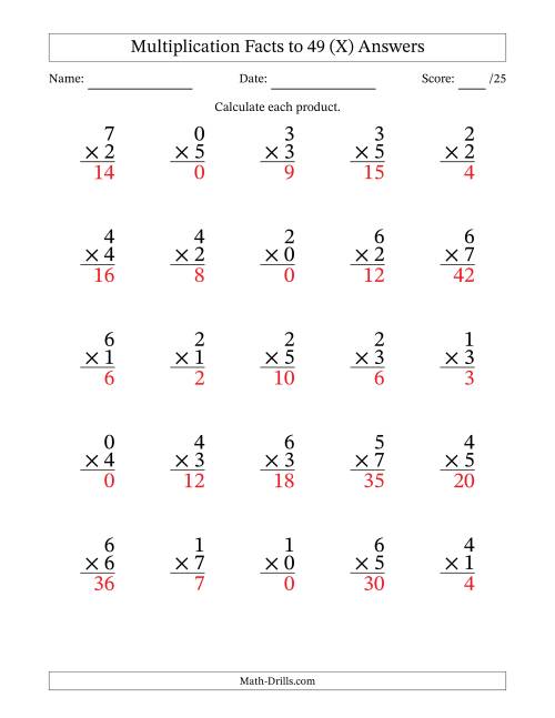 The Multiplication Facts to 49 (25 Questions) (With Zeros) (X) Math Worksheet Page 2