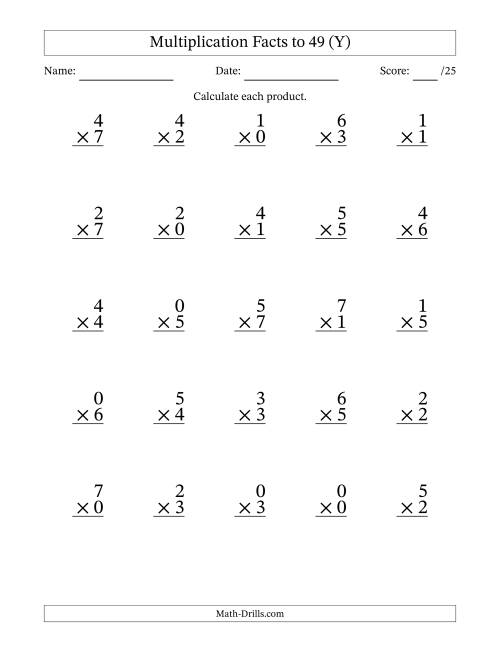 The Multiplication Facts to 49 (25 Questions) (With Zeros) (Y) Math Worksheet