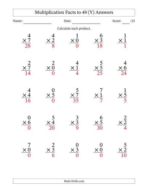 The Multiplication Facts to 49 (25 Questions) (With Zeros) (Y) Math Worksheet Page 2