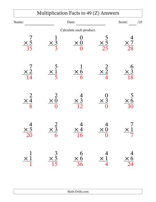 The Multiplication Facts to 49 (25 Questions) (With Zeros) (Z) Math Worksheet Page 2