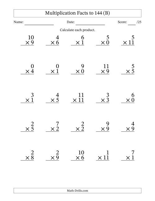 The Multiplication Facts to 144 (25 Questions) (With Zeros) (B) Math Worksheet