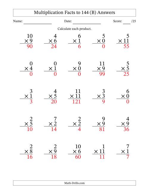 The Multiplication Facts to 144 (25 Questions) (With Zeros) (B) Math Worksheet Page 2