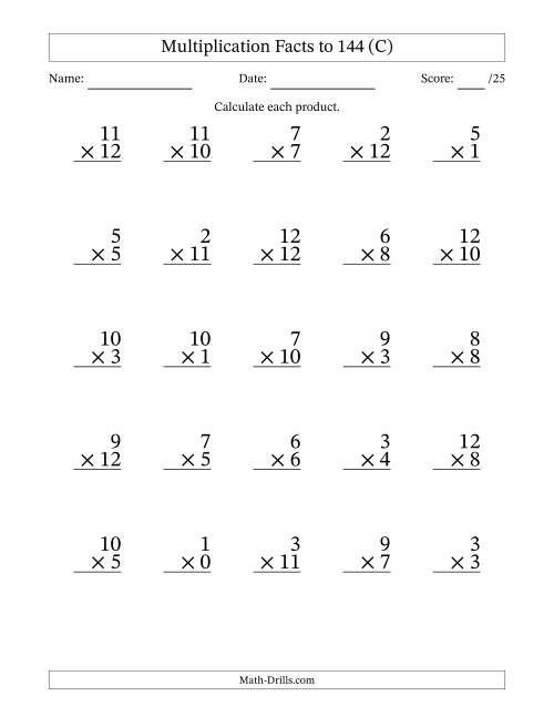 The Multiplication Facts to 144 (25 Questions) (With Zeros) (C) Math Worksheet