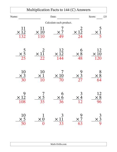The Multiplication Facts to 144 (25 Questions) (With Zeros) (C) Math Worksheet Page 2