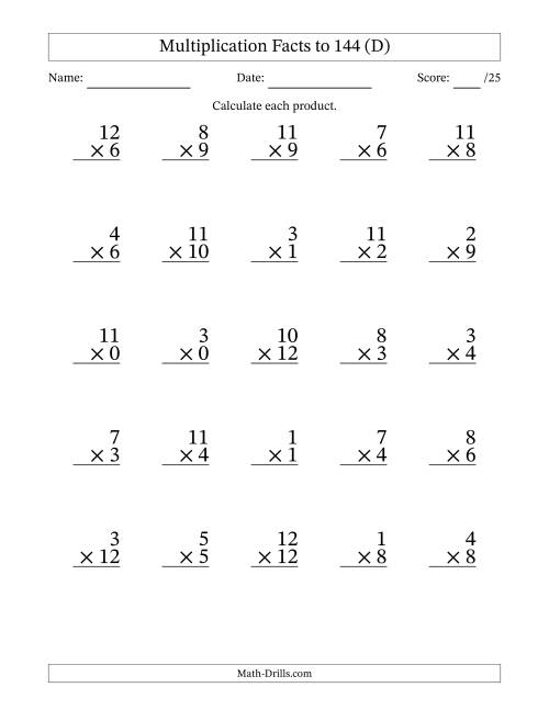 The Multiplication Facts to 144 (25 Questions) (With Zeros) (D) Math Worksheet