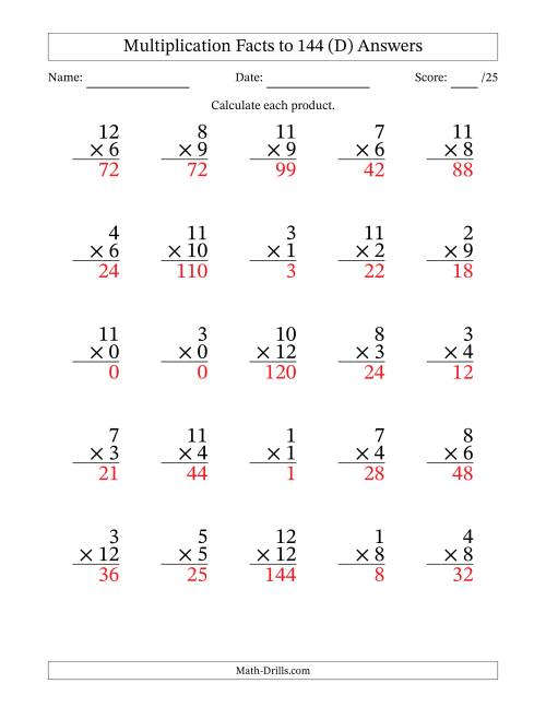 The Multiplication Facts to 144 (25 Questions) (With Zeros) (D) Math Worksheet Page 2