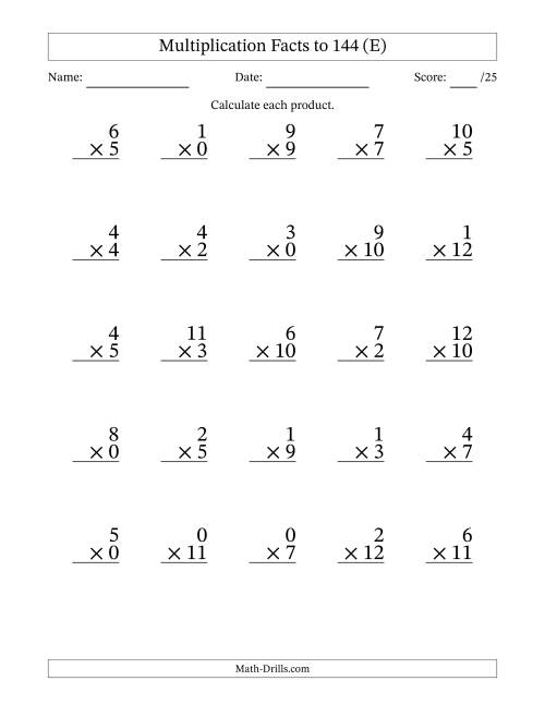 The Multiplication Facts to 144 (25 Questions) (With Zeros) (E) Math Worksheet