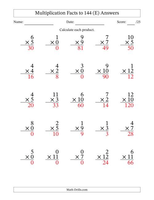 The Multiplication Facts to 144 (25 Questions) (With Zeros) (E) Math Worksheet Page 2