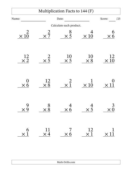 The Multiplication Facts to 144 (25 Questions) (With Zeros) (F) Math Worksheet