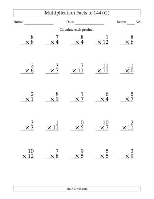 The Multiplication Facts to 144 (25 Questions) (With Zeros) (G) Math Worksheet