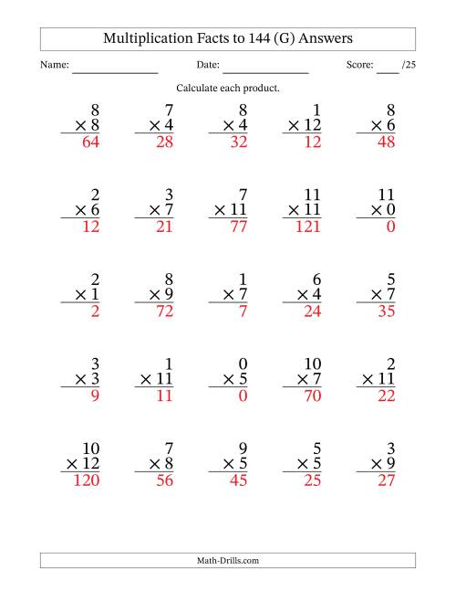 The Multiplication Facts to 144 (25 Questions) (With Zeros) (G) Math Worksheet Page 2