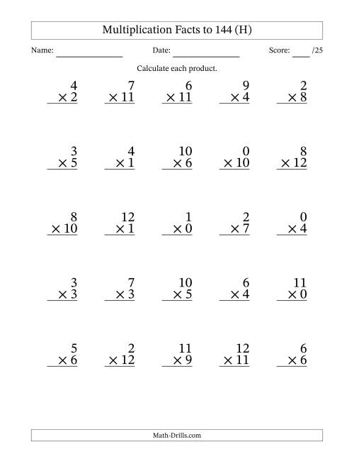 The Multiplication Facts to 144 (25 Questions) (With Zeros) (H) Math Worksheet