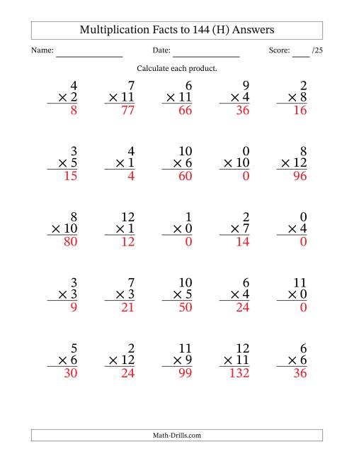 The Multiplication Facts to 144 (25 Questions) (With Zeros) (H) Math Worksheet Page 2